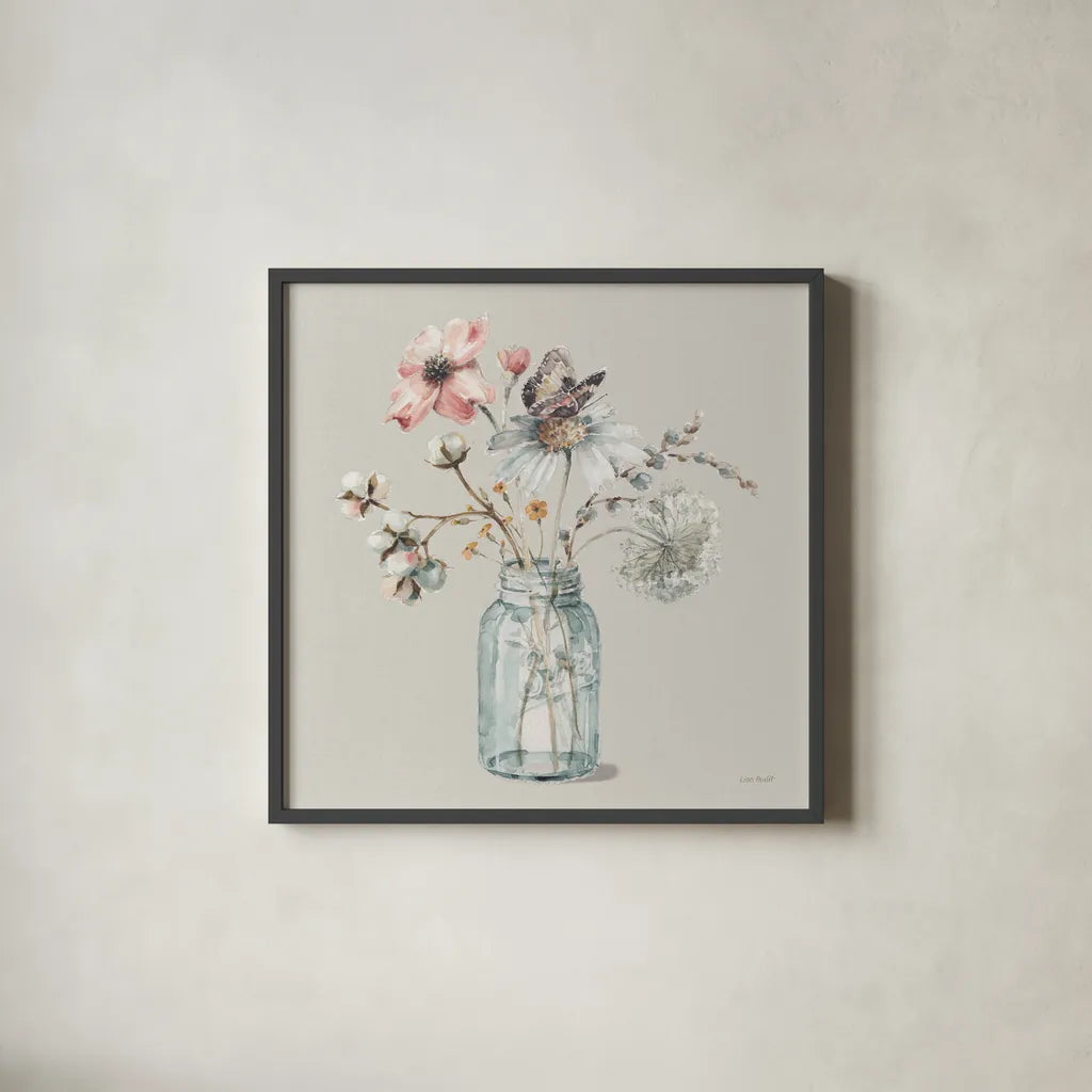 A Country Weekend IX Gray by Lisa Audit. Shown in a sleek black glass frame for a contemporary gallery look. Available as an archival giclee rolled canvas, fine art paper, or poster print. SKU 45683a.