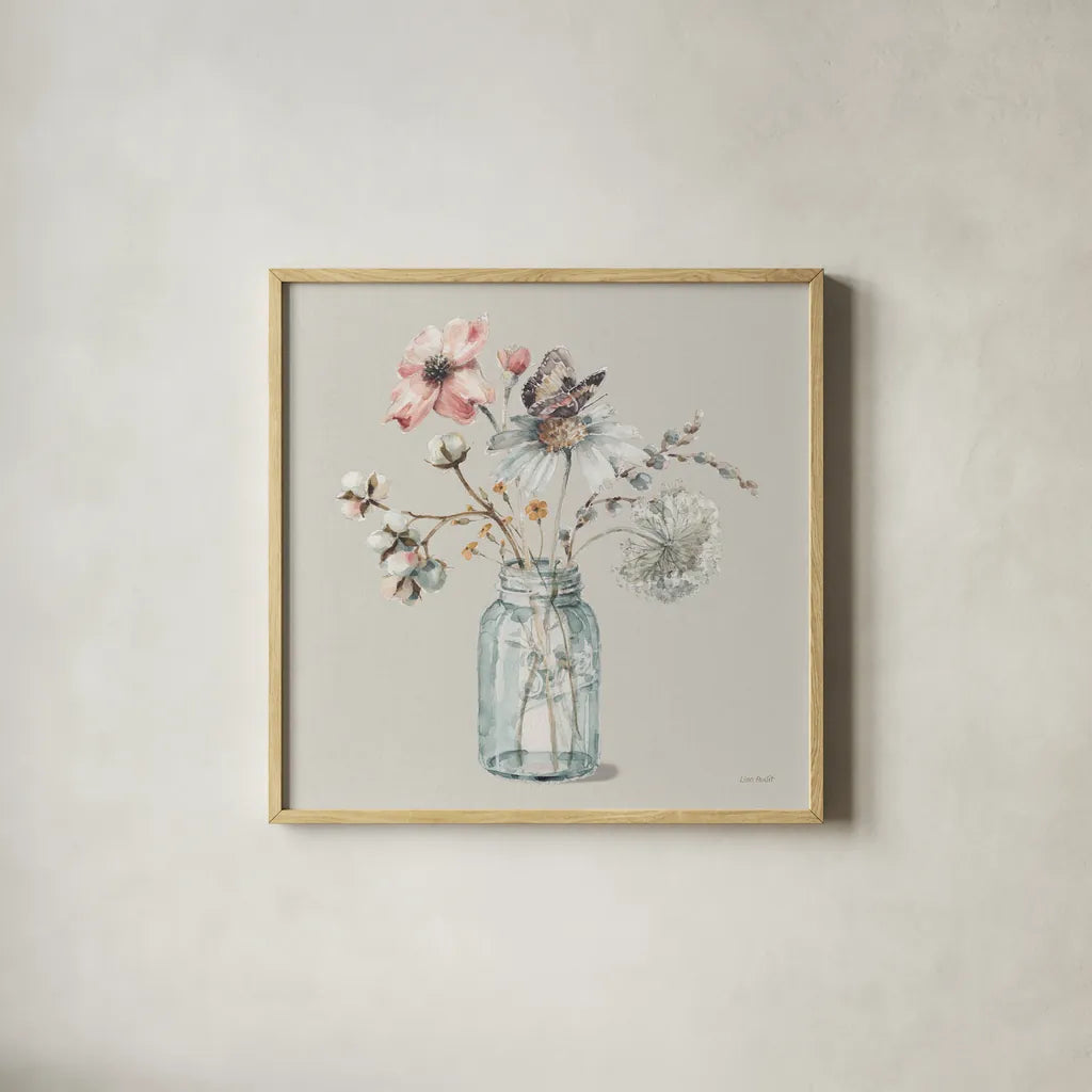 A Country Weekend IX Gray by Lisa Audit. Shown in a natural wood glass frame for a timeless modern aesthetic. Available as an archival giclee rolled canvas, fine art paper, or poster print. SKU 45683a.