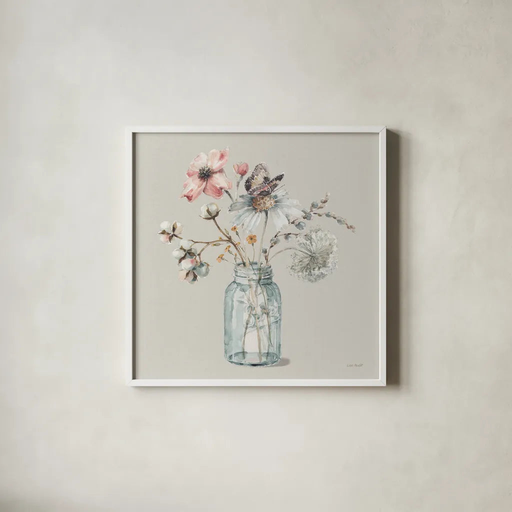 A Country Weekend IX Gray by Lisa Audit. Shown in a crisp white glass frame for a clean and minimalist style. Available as an archival giclee rolled canvas, fine art paper, or poster print. SKU 45683a.