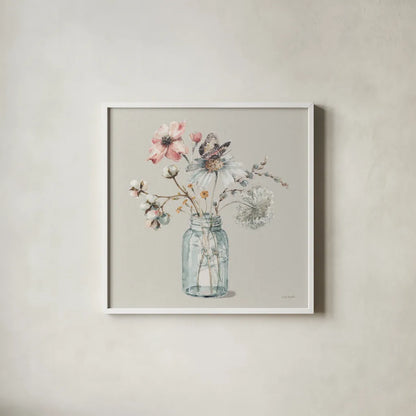 A Country Weekend IX Gray by Lisa Audit. Shown in a crisp white glass frame for a clean and minimalist style. Available as an archival giclee rolled canvas, fine art paper, or poster print. SKU 45683a.
