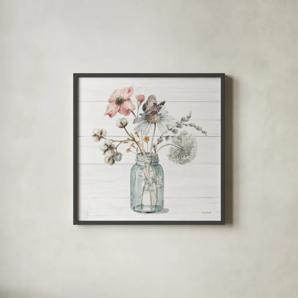 A Country Weekend IX Shiplap by Lisa Audit. Shown in a sleek black glass frame for a contemporary gallery look. Available as an archival giclee rolled canvas, fine art paper, or poster print. SKU 45685a.