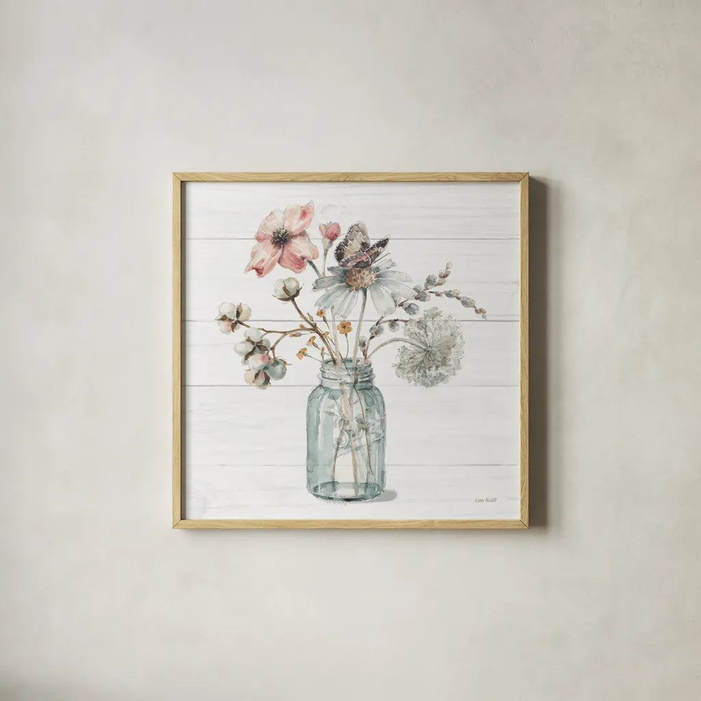 A Country Weekend IX Shiplap by Lisa Audit. Shown in a natural wood glass frame for a timeless modern aesthetic. Available as an archival giclee rolled canvas, fine art paper, or poster print. SKU 45685a.