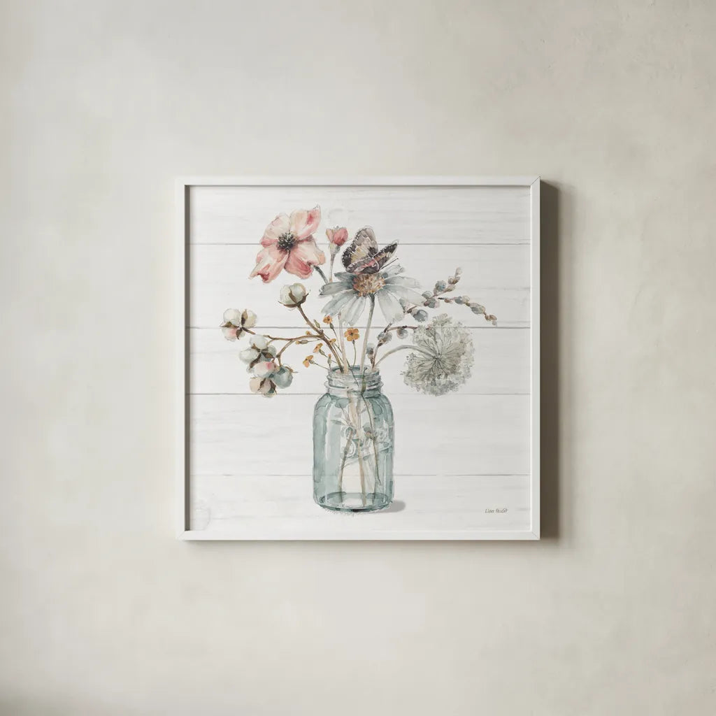 A Country Weekend IX Shiplap by Lisa Audit. Shown in a crisp white glass frame for a clean and minimalist style. Available as an archival giclee rolled canvas, fine art paper, or poster print. SKU 45685a.