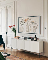 A Country Weekend VIII v2 Fall by Lisa Audit. shown as a framed stretched canvas in a living room above a console. Available as a archival giclee rolled canvas, fine art paper, or poster print. SKU 42437i.
