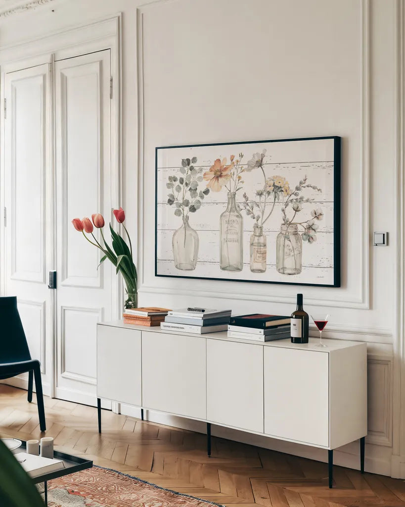 A Country Weekend VIII v2 Fall on Shiplap by Lisa Audit. shown as a framed stretched canvas in a living room above a console. Available as a archival giclee rolled canvas, fine art paper, or poster print. SKU 42578i.