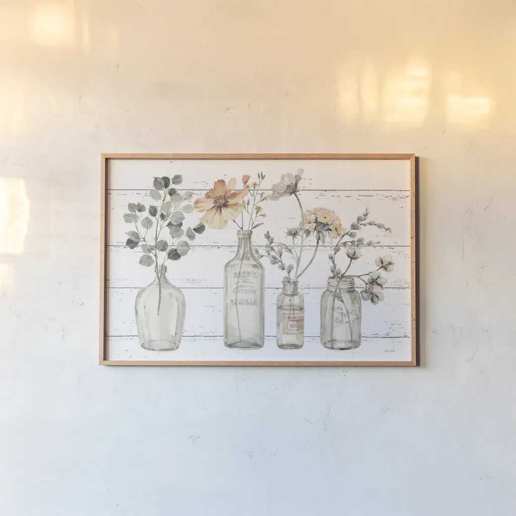 A Country Weekend VIII v2 Fall on Shiplap by Lisa Audit. shown as a paper print in a natural frame. Available as a archival giclee rolled canvas, fine art paper, or poster print. SKU 42578i.