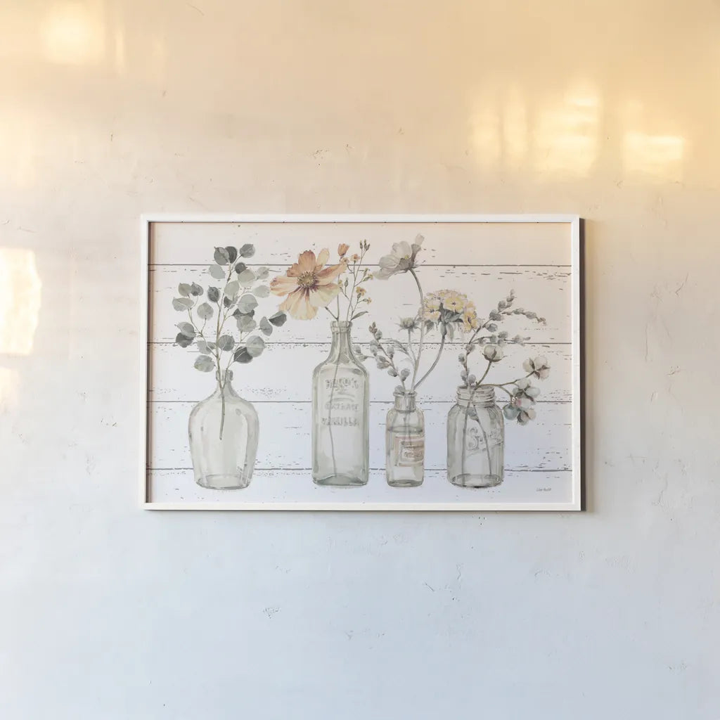 A Country Weekend VIII v2 Fall on Shiplap by Lisa Audit. shown as a paper print in a white frame. Available as a archival giclee rolled canvas, fine art paper, or poster print. SKU 42578i.