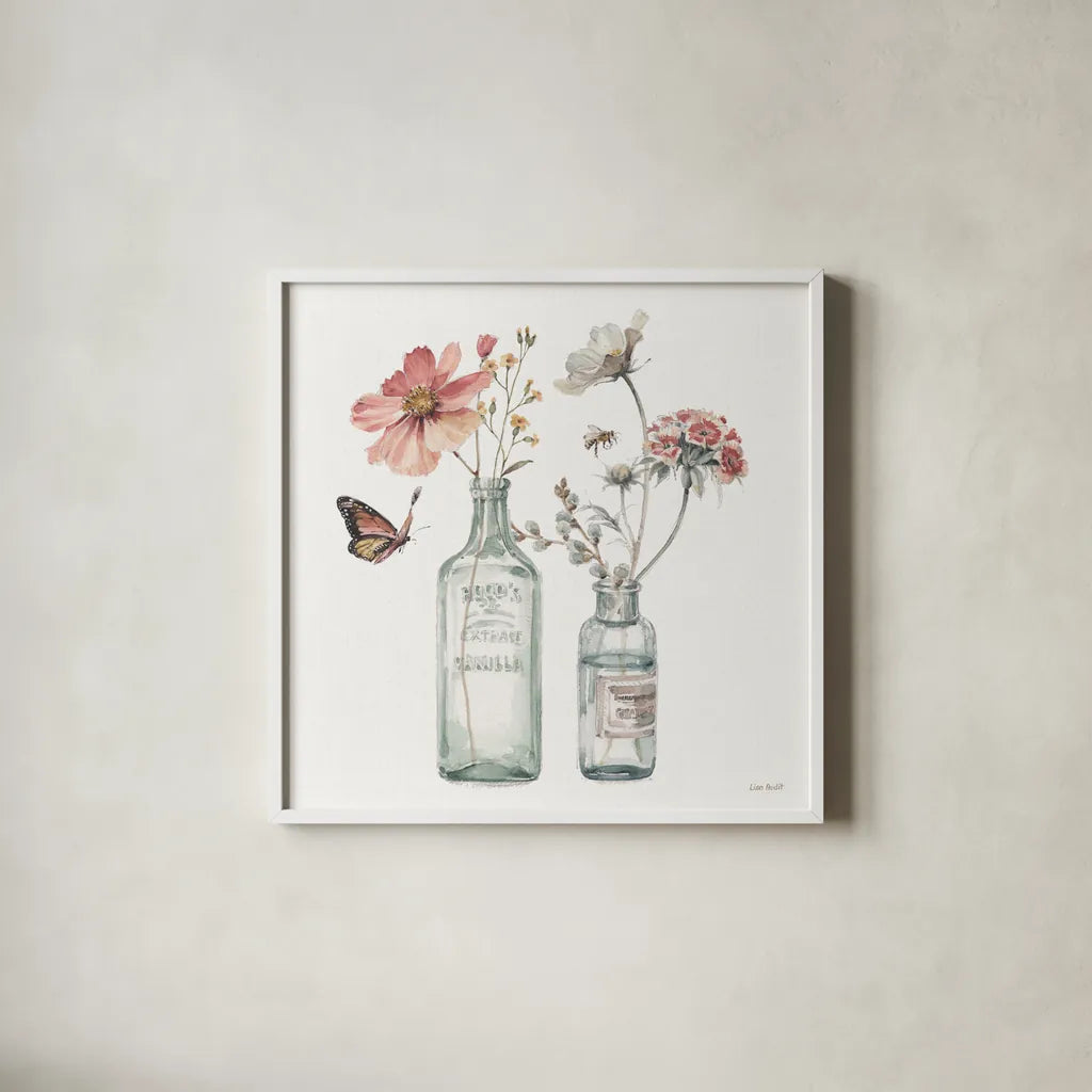 A Country Weekend X by Lisa Audit. Shown in a crisp white glass frame for a clean and minimalist style. Available as an archival giclee rolled canvas, fine art paper, or poster print. SKU 32725a.
