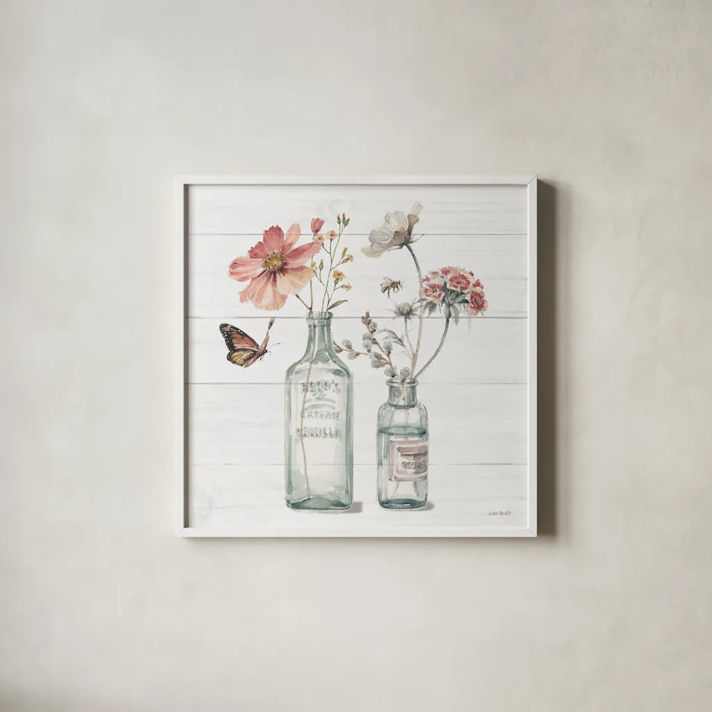 A Country Weekend X Shiplap by Lisa Audit. Shown in a crisp white glass frame for a clean and minimalist style. Available as an archival giclee rolled canvas, fine art paper, or poster print. SKU 45686a.
