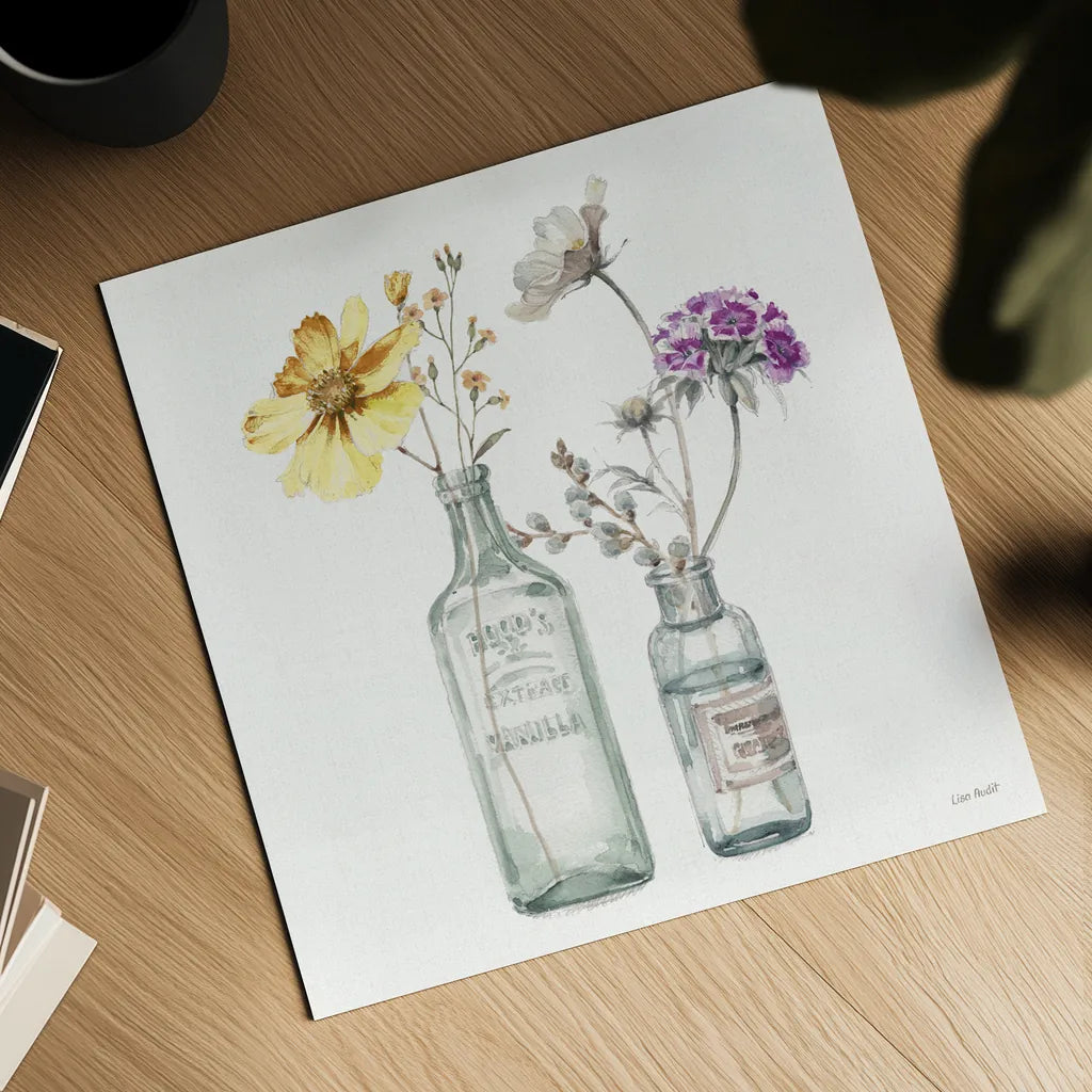 A Country Weekend X v2 Yellow Purple by Lisa Audit. Shown as a detailed flat fine art print, highlighting archival giclee quality. Available as an archival giclee rolled canvas, fine art paper, or poster print. SKU 42695a.