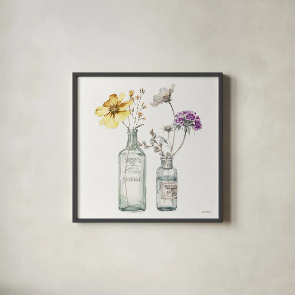 A Country Weekend X v2 Yellow Purple by Lisa Audit. Shown in a sleek black glass frame for a contemporary gallery look. Available as an archival giclee rolled canvas, fine art paper, or poster print. SKU 42695a.