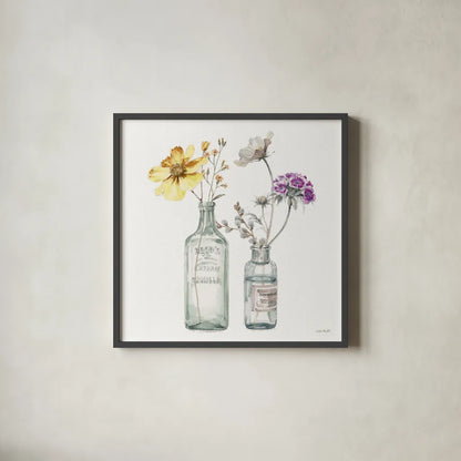 A Country Weekend X v2 Yellow Purple by Lisa Audit. Shown in a sleek black glass frame for a contemporary gallery look. Available as an archival giclee rolled canvas, fine art paper, or poster print. SKU 42695a.