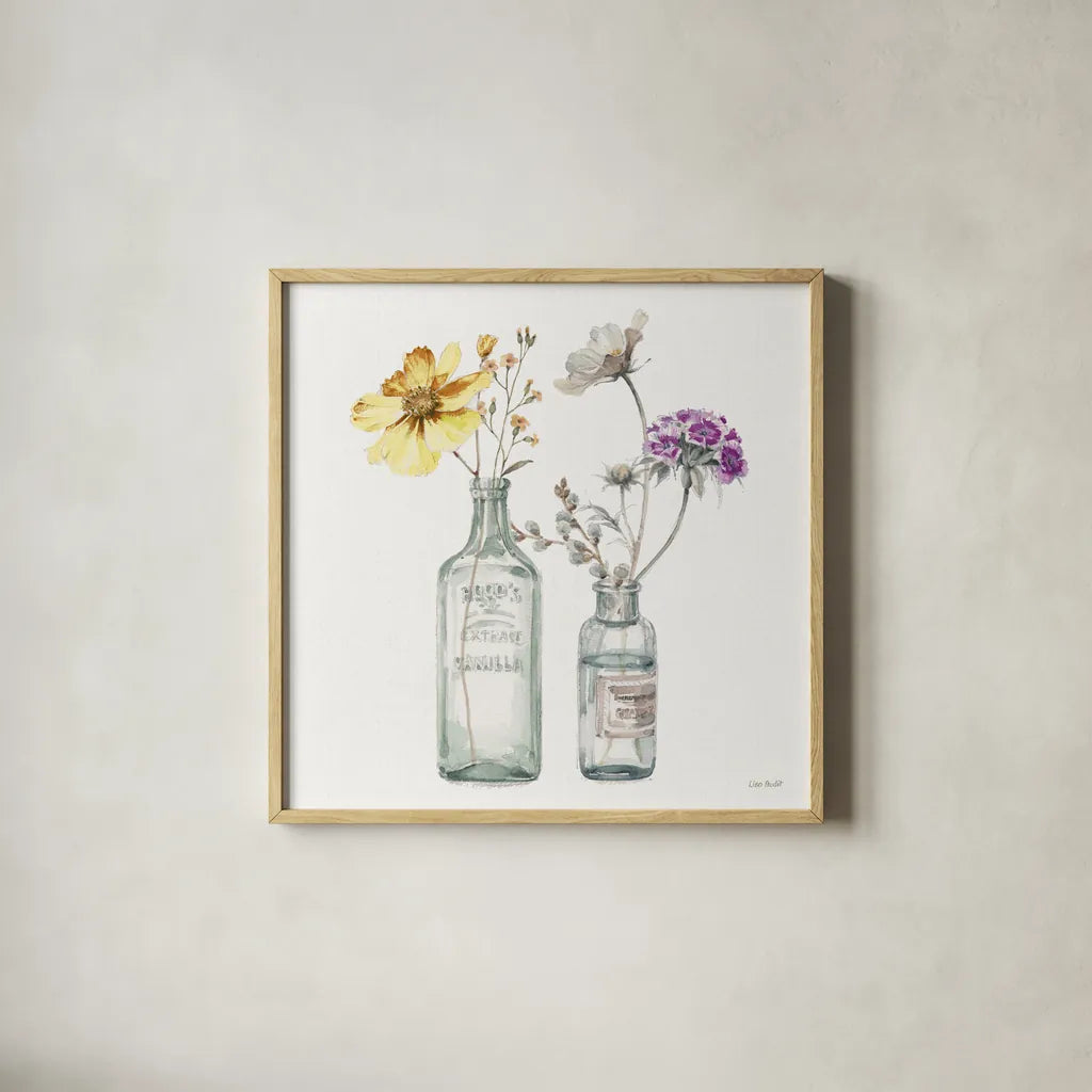 A Country Weekend X v2 Yellow Purple by Lisa Audit. Shown in a natural wood glass frame for a timeless modern aesthetic. Available as an archival giclee rolled canvas, fine art paper, or poster print. SKU 42695a.
