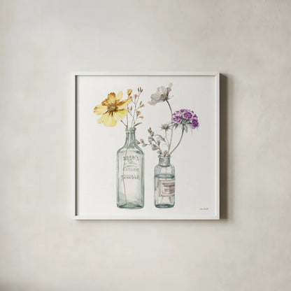 A Country Weekend X v2 Yellow Purple by Lisa Audit. Shown in a crisp white glass frame for a clean and minimalist style. Available as an archival giclee rolled canvas, fine art paper, or poster print. SKU 42695a.