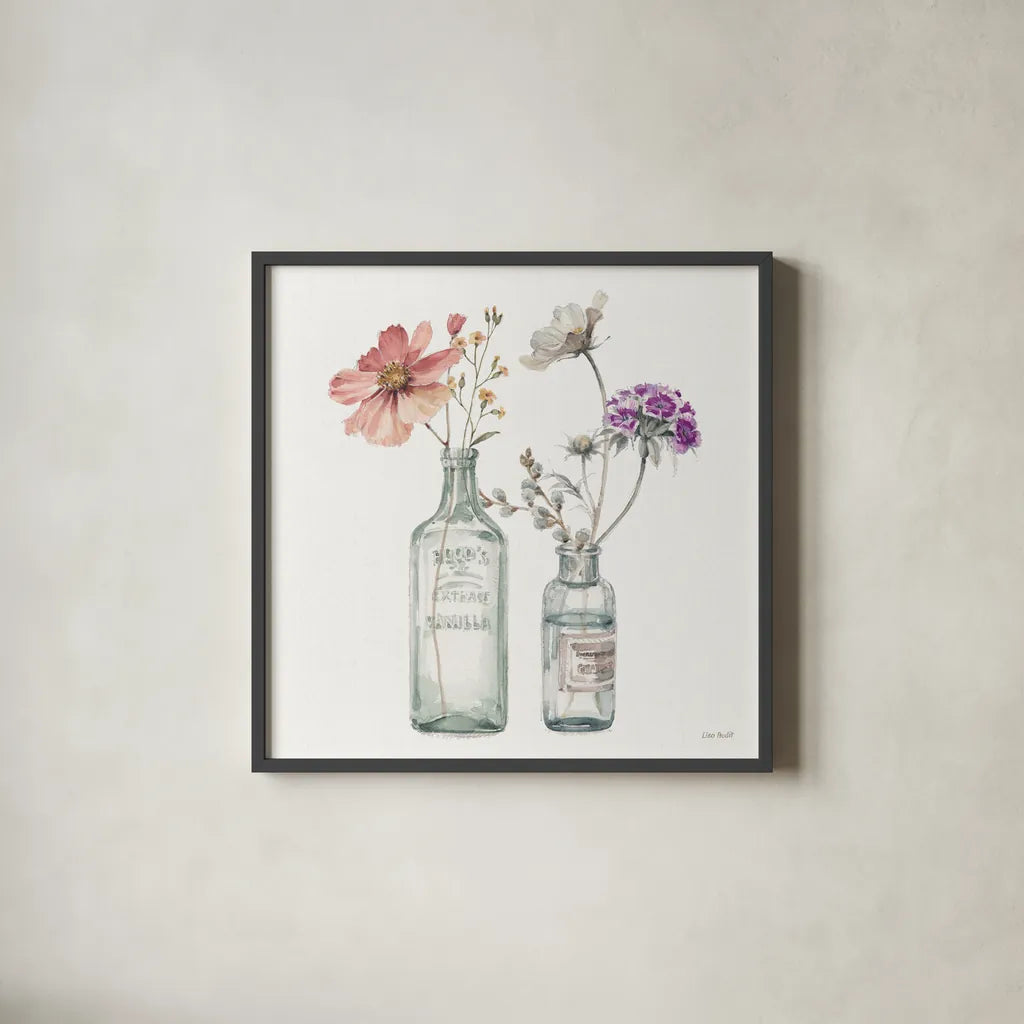 A Country Weekend X v2 with Purple by Lisa Audit. Shown in a sleek black glass frame for a contemporary gallery look. Available as an archival giclee rolled canvas, fine art paper, or poster print. SKU 42696a.