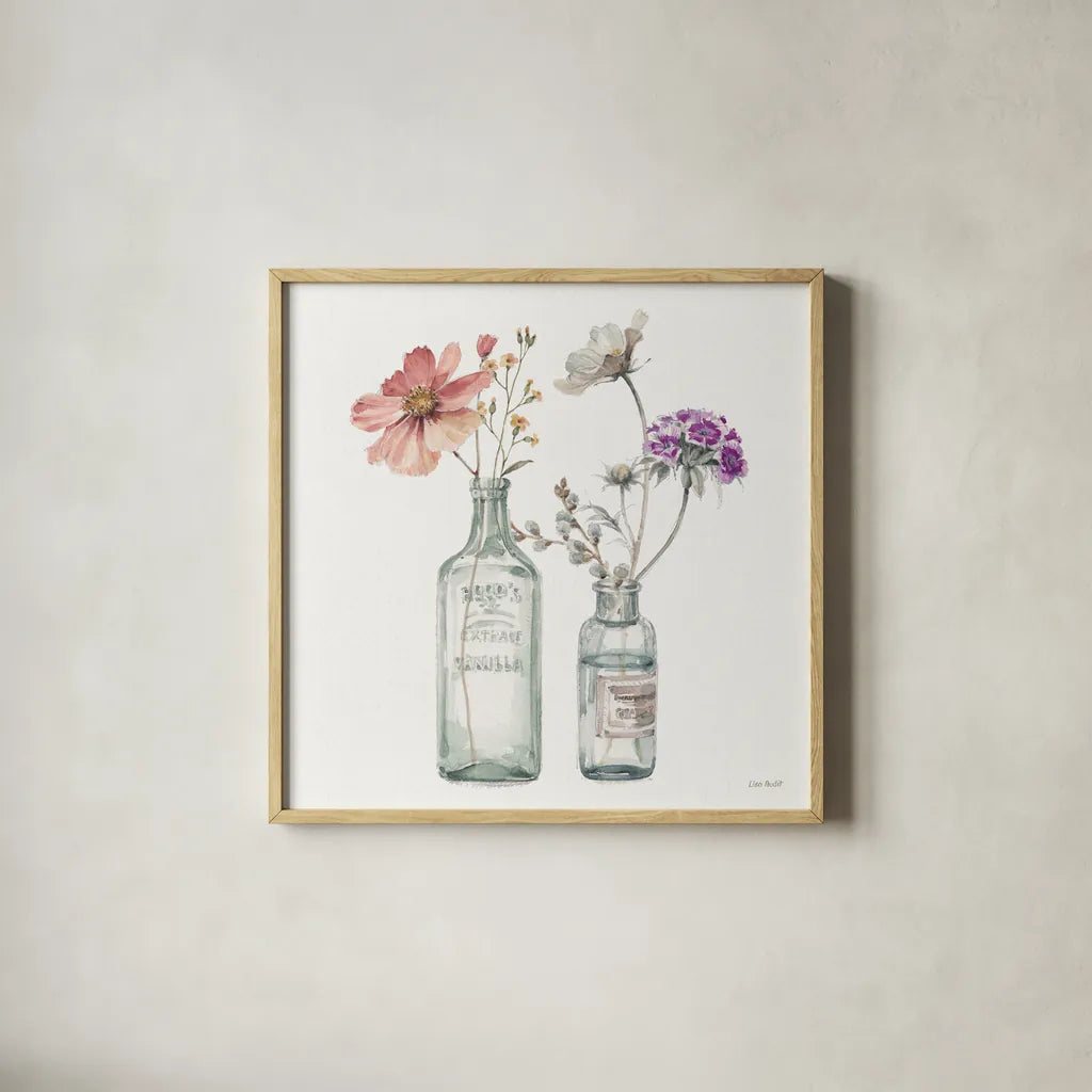 A Country Weekend X v2 with Purple by Lisa Audit. Shown in a natural wood glass frame for a timeless modern aesthetic. Available as an archival giclee rolled canvas, fine art paper, or poster print. SKU 42696a.