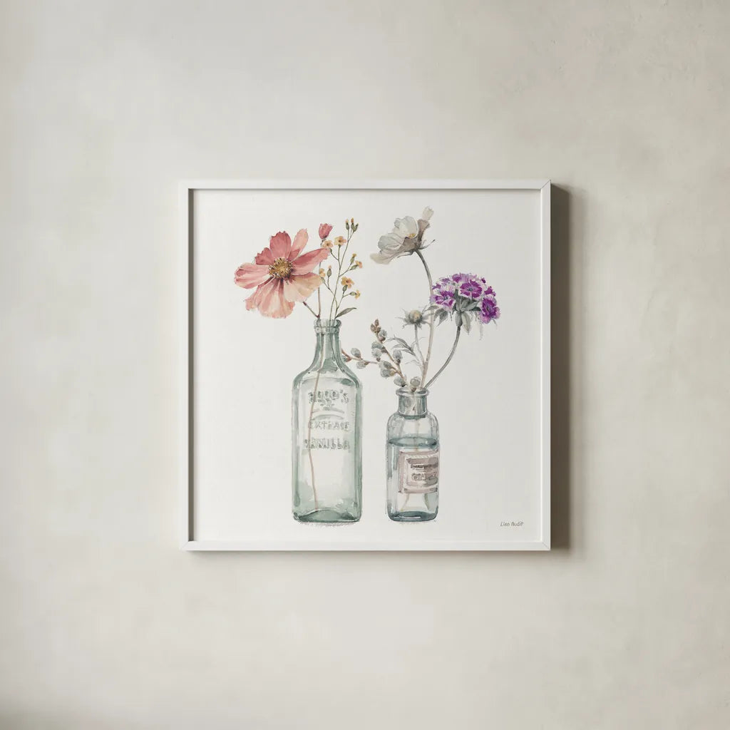 A Country Weekend X v2 with Purple by Lisa Audit. Shown in a crisp white glass frame for a clean and minimalist style. Available as an archival giclee rolled canvas, fine art paper, or poster print. SKU 42696a.