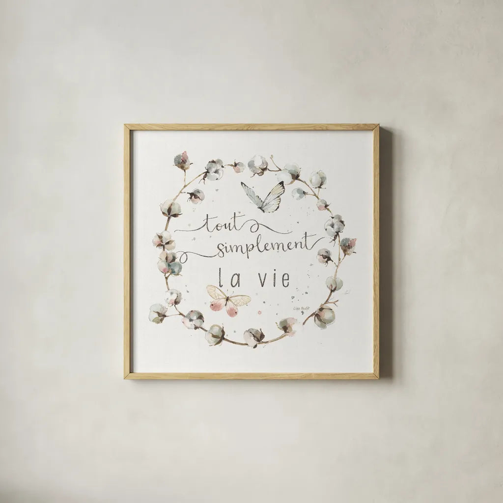 A Country Weekend XVIII French by Lisa Audit. Shown in a natural wood glass frame for a timeless modern aesthetic. Available as an archival giclee rolled canvas, fine art paper, or poster print. SKU 49542a.