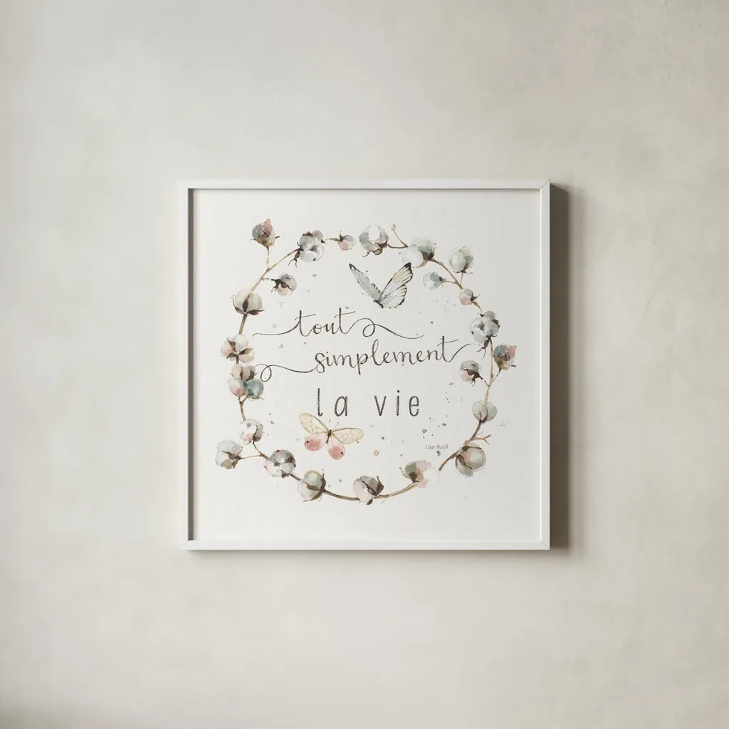 A Country Weekend XVIII French by Lisa Audit. Shown in a crisp white glass frame for a clean and minimalist style. Available as an archival giclee rolled canvas, fine art paper, or poster print. SKU 49542a.