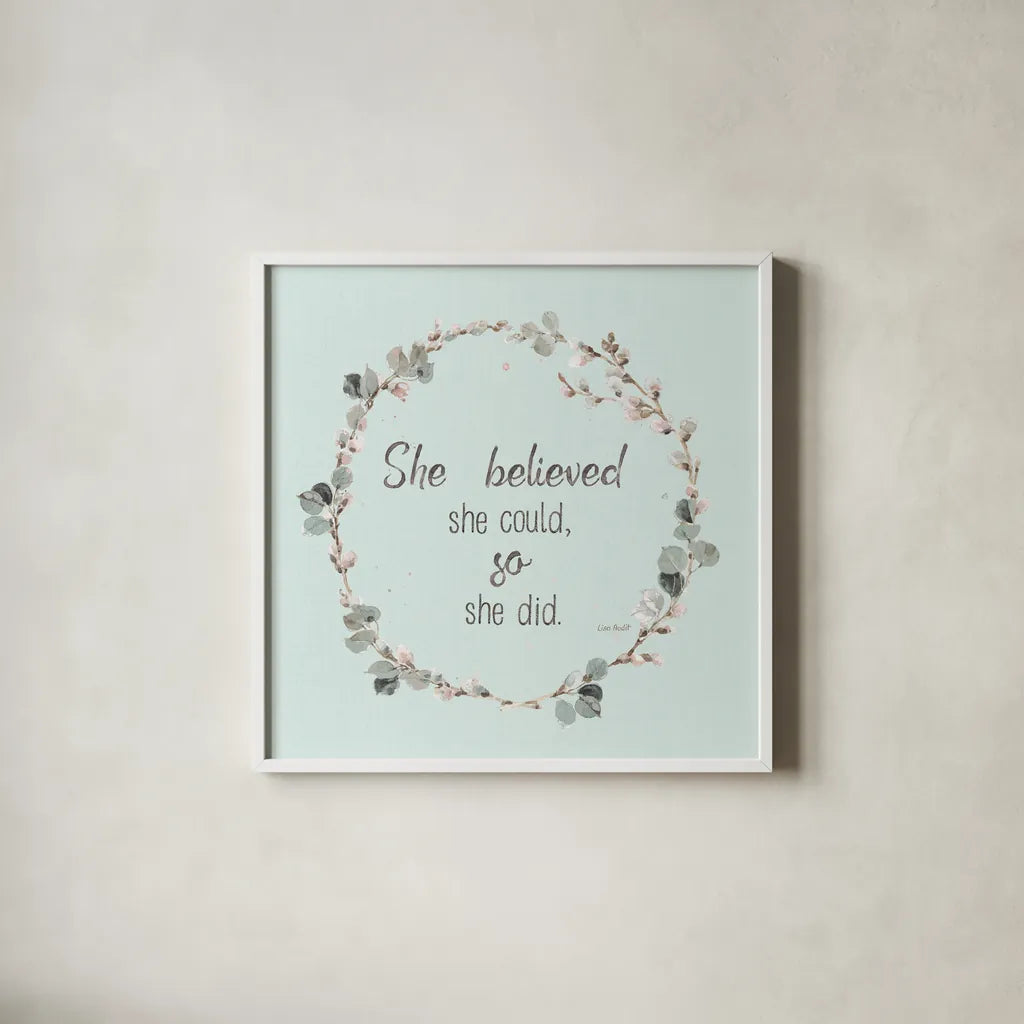 A Country Weekend XXVI v2 Turquoise by Lisa Audit. Shown in a crisp white glass frame for a clean and minimalist style. Available as an archival giclee rolled canvas, fine art paper, or poster print. SKU 54215a.