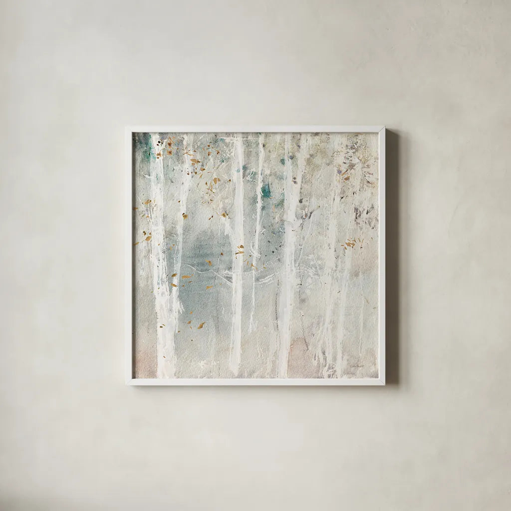 A Woodland Walk III by Lisa Audit. Shown in a crisp white glass frame for a clean and minimalist style. Available as an archival giclee rolled canvas, fine art paper, or poster print. SKU 32667a.
