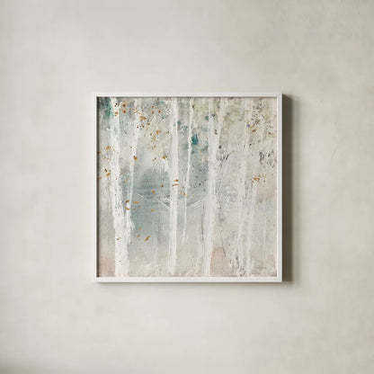 A Woodland Walk III by Lisa Audit. Shown in a crisp white glass frame for a clean and minimalist style. Available as an archival giclee rolled canvas, fine art paper, or poster print. SKU 32667a.