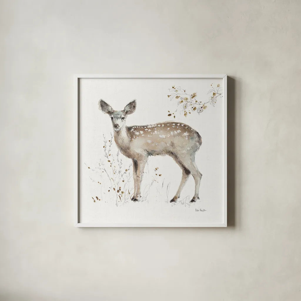 A Woodland Walk IX by Lisa Audit. Shown in a crisp white glass frame for a clean and minimalist style. Available as an archival giclee rolled canvas, fine art paper, or poster print. SKU 32673a.