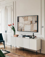 Abstract Balance I by Lisa Audit. shown as a framed stretched canvas in a living room above a console. Available as a archival giclee rolled canvas, fine art paper, or poster print. SKU 14455i.