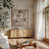 Abstract Balance II by Lisa Audit. Shown in a natural wood frame in a cozy modern living room. Available as an archival giclee rolled canvas, fine art paper, or poster print. SKU 14252a.