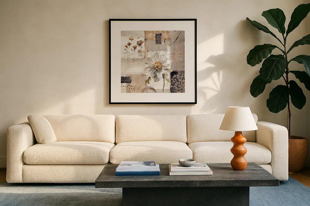 Abstract Balance III by Lisa Audit. Displayed in a glass frame with matte in a clean modern living room. Available as an archival giclee rolled canvas, fine art paper, or poster print. SKU 14253a.