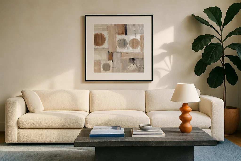 Abstract Balance V by Lisa Audit. Displayed in a glass frame with matte in a clean modern living room. Available as an archival giclee rolled canvas, fine art paper, or poster print. SKU 14265a.