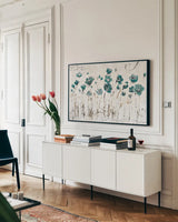 Abstract Balance VI Blue by Lisa Audit. shown as a framed stretched canvas in a living room above a console. Available as a archival giclee rolled canvas, fine art paper, or poster print. SKU 14583i.