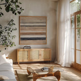 Abstract Balance VII by Lisa Audit. Shown in a natural wood frame in a cozy modern living room. Available as an archival giclee rolled canvas, fine art paper, or poster print. SKU 14131a.