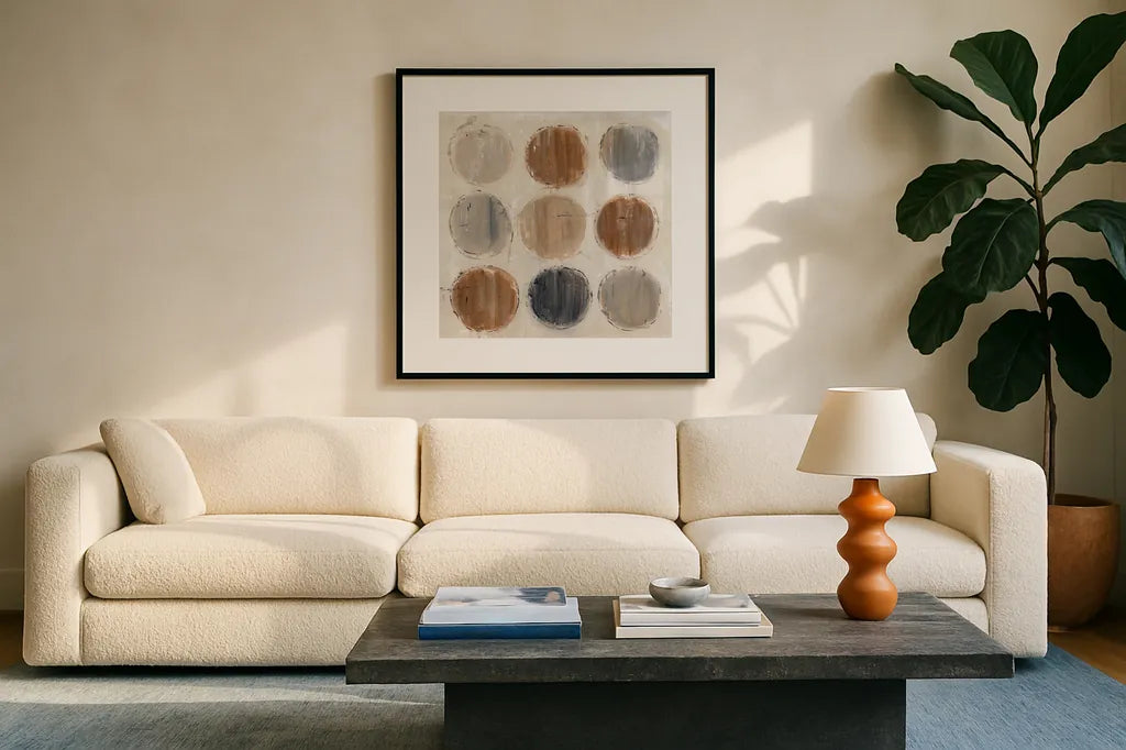 Abstract Balance VIII by Lisa Audit. Displayed in a glass frame with matte in a clean modern living room. Available as an archival giclee rolled canvas, fine art paper, or poster print. SKU 14132a.
