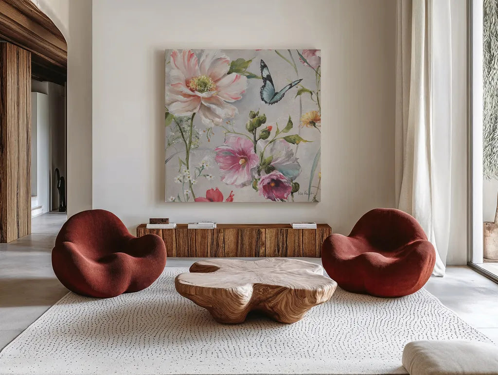 Antique Garden II by Lisa Audit. Shown as extra-large giant wall art in a modern living room. Available as an archival giclee rolled canvas, fine art paper, or poster print. SKU 35188a.