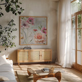 Antique Garden III by Lisa Audit. Shown in a natural wood frame in a cozy modern living room. Available as an archival giclee rolled canvas, fine art paper, or poster print. SKU 35189a.