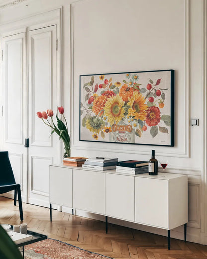 Autumn in Bloom I by Lisa Audit. shown as a framed stretched canvas in a living room above a console. Available as a archival giclee rolled canvas, fine art paper, or poster print. SKU 45250i.