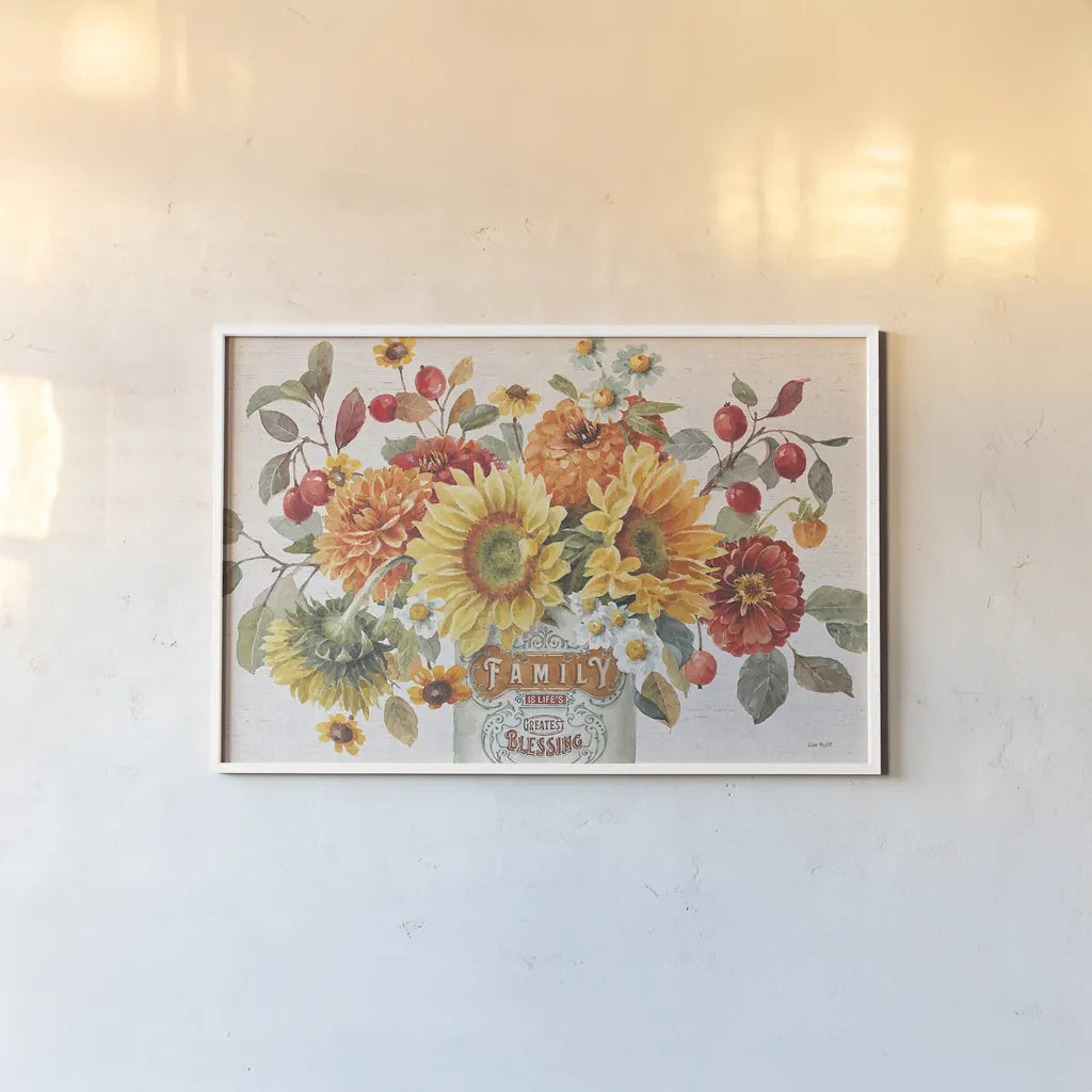 Autumn in Bloom I by Lisa Audit. shown as a paper print in a white frame. Available as a archival giclee rolled canvas, fine art paper, or poster print. SKU 45250i.