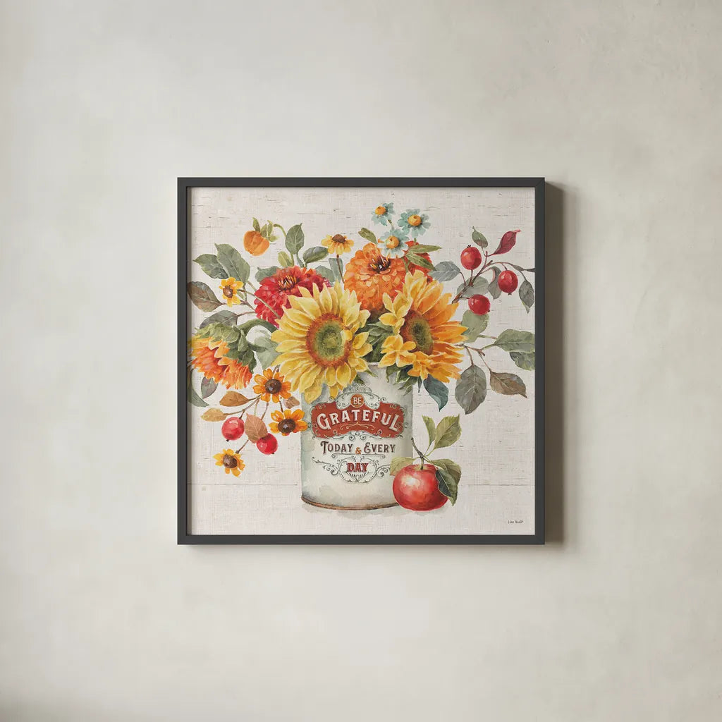 Autumn in Bloom II by Lisa Audit. Shown in a sleek black glass frame for a contemporary gallery look. Available as an archival giclee rolled canvas, fine art paper, or poster print. SKU 45251a.