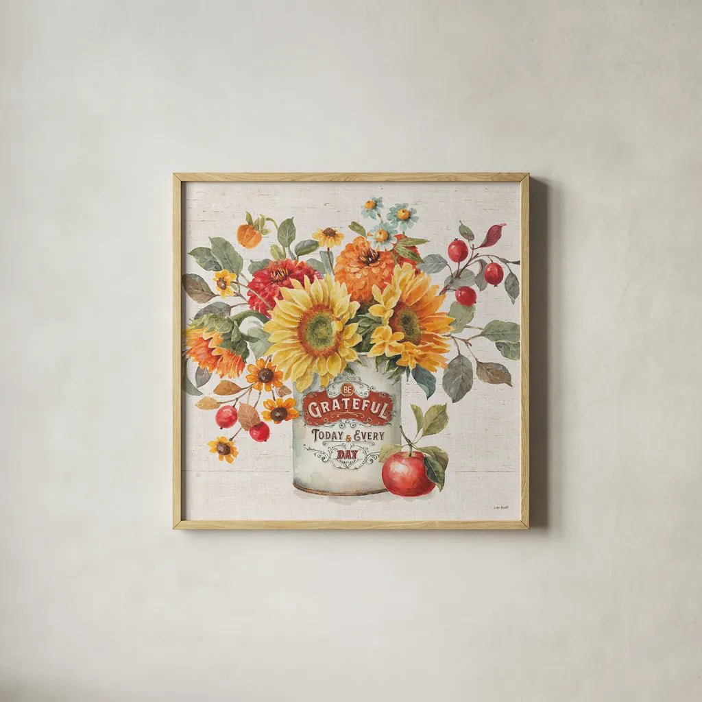 Autumn in Bloom II by Lisa Audit. Shown in a natural wood glass frame for a timeless modern aesthetic. Available as an archival giclee rolled canvas, fine art paper, or poster print. SKU 45251a.