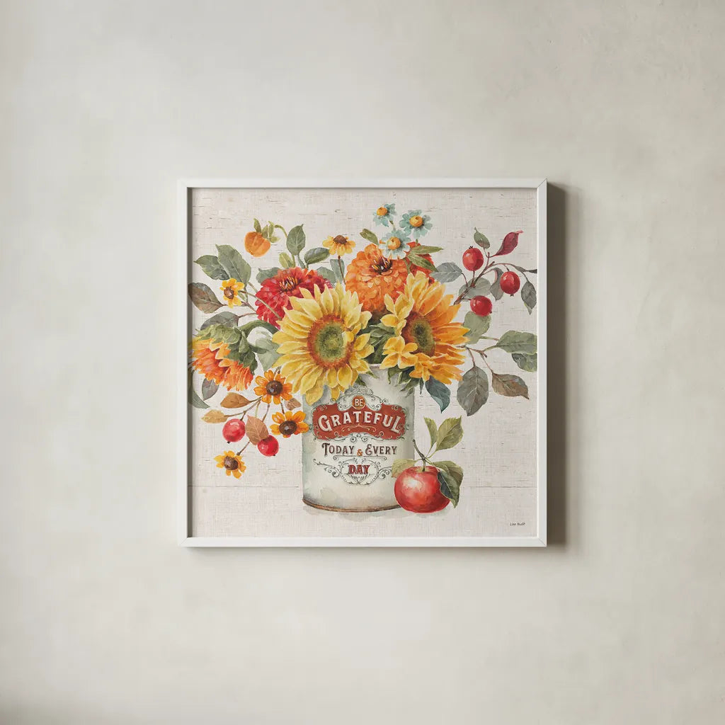 Autumn in Bloom II by Lisa Audit. Shown in a crisp white glass frame for a clean and minimalist style. Available as an archival giclee rolled canvas, fine art paper, or poster print. SKU 45251a.