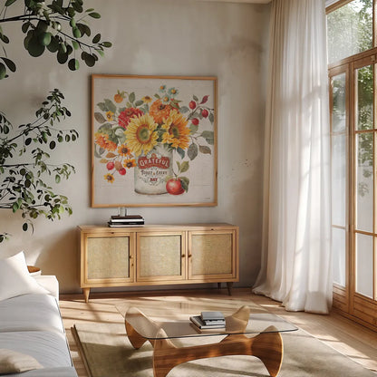 Autumn in Bloom II by Lisa Audit. Shown in a natural wood frame in a cozy modern living room. Available as an archival giclee rolled canvas, fine art paper, or poster print. SKU 45251a.