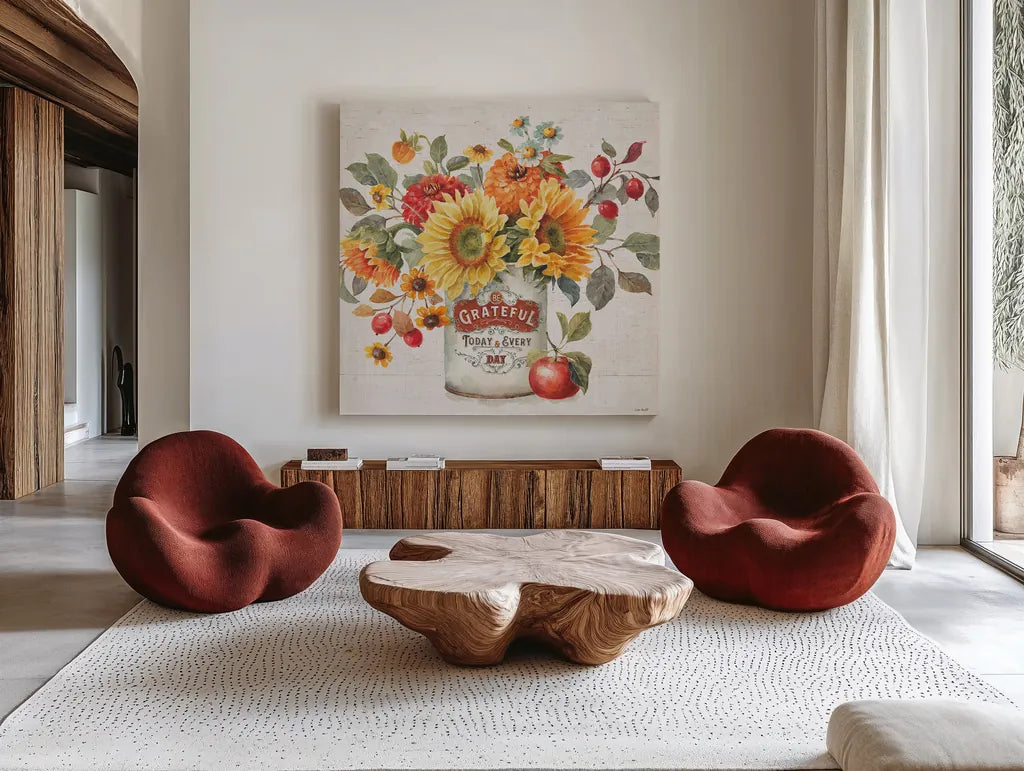 Autumn in Bloom II by Lisa Audit. Shown as extra-large giant wall art in a modern living room. Available as an archival giclee rolled canvas, fine art paper, or poster print. SKU 45251a.