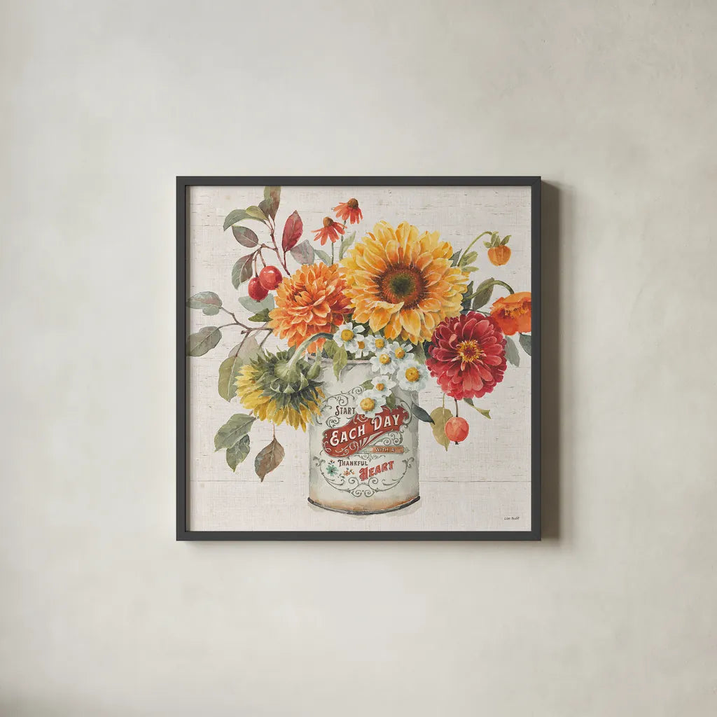 Autumn in Bloom III by Lisa Audit. Shown in a sleek black glass frame for a contemporary gallery look. Available as an archival giclee rolled canvas, fine art paper, or poster print. SKU 45252a.