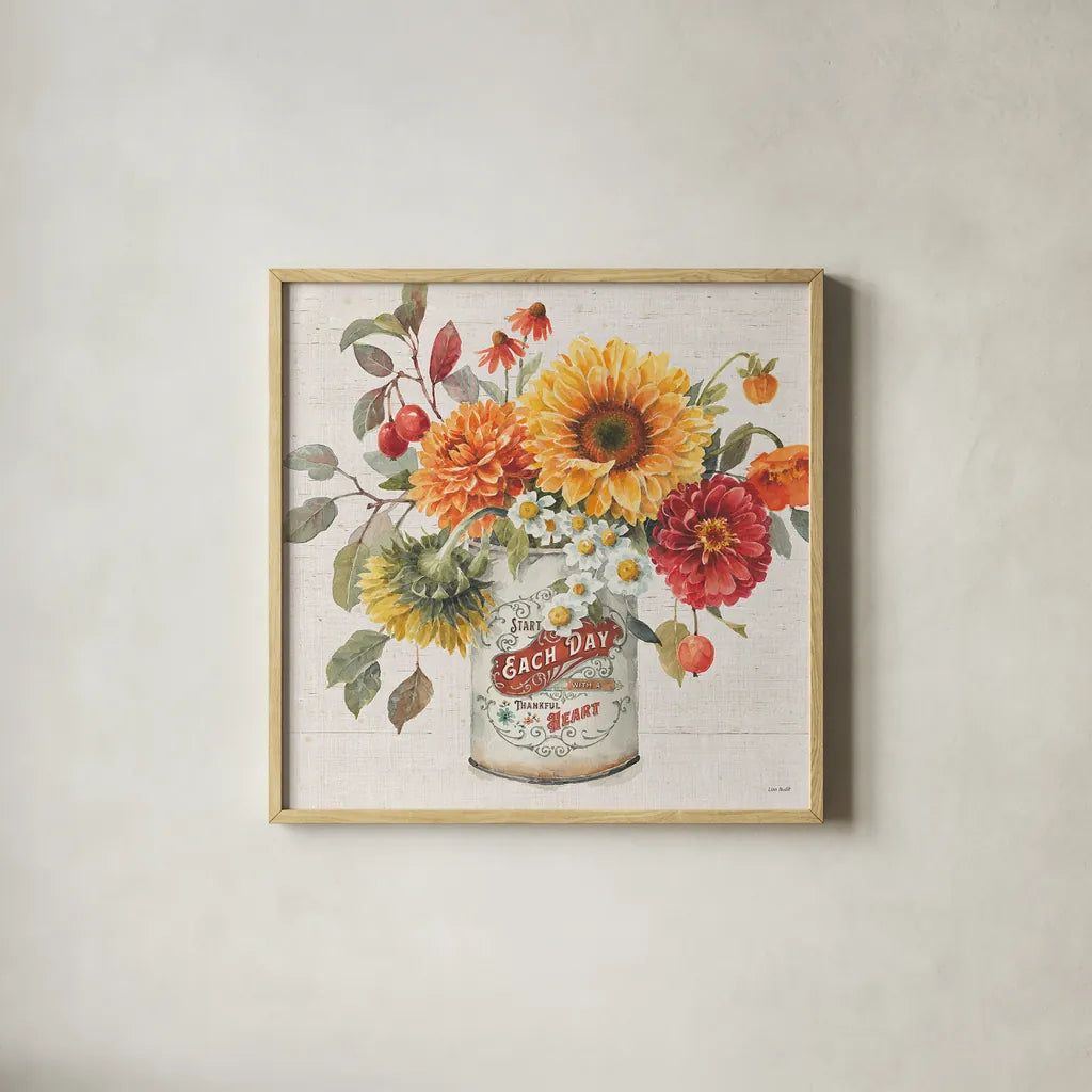 Autumn in Bloom III by Lisa Audit. Shown in a natural wood glass frame for a timeless modern aesthetic. Available as an archival giclee rolled canvas, fine art paper, or poster print. SKU 45252a.