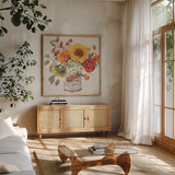 Autumn in Bloom III by Lisa Audit. Shown in a natural wood frame in a cozy modern living room. Available as an archival giclee rolled canvas, fine art paper, or poster print. SKU 45252a.