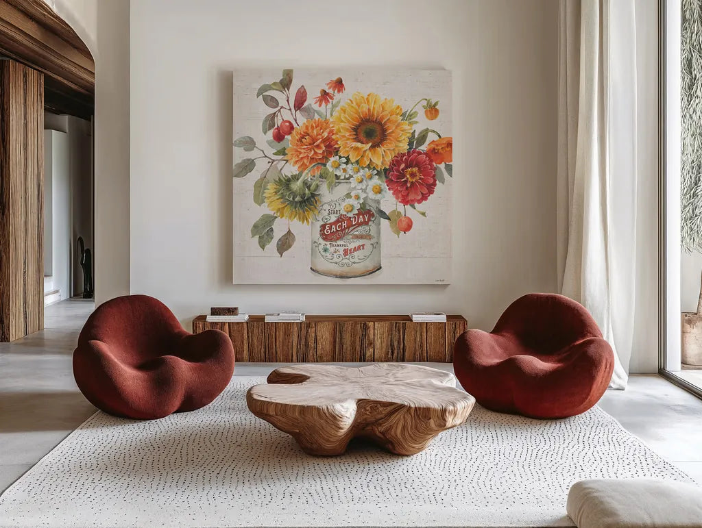 Autumn in Bloom III by Lisa Audit. Shown as extra-large giant wall art in a modern living room. Available as an archival giclee rolled canvas, fine art paper, or poster print. SKU 45252a.