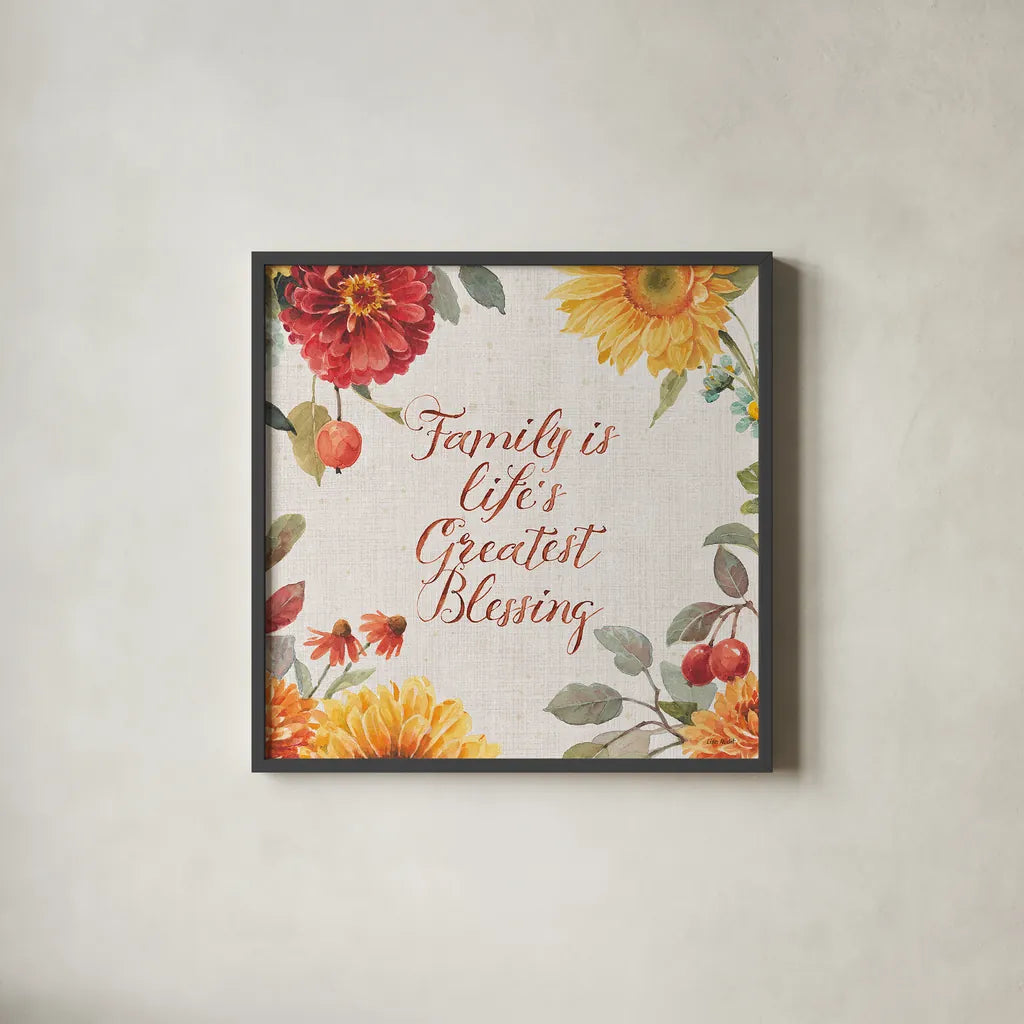 Autumn in Bloom IV by Lisa Audit. Shown in a sleek black glass frame for a contemporary gallery look. Available as an archival giclee rolled canvas, fine art paper, or poster print. SKU 45253a.