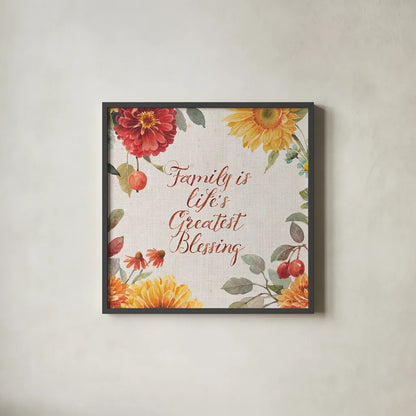 Autumn in Bloom IV by Lisa Audit. Shown in a sleek black glass frame for a contemporary gallery look. Available as an archival giclee rolled canvas, fine art paper, or poster print. SKU 45253a.