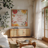 Autumn in Bloom IV by Lisa Audit. Shown in a natural wood frame in a cozy modern living room. Available as an archival giclee rolled canvas, fine art paper, or poster print. SKU 45253a.